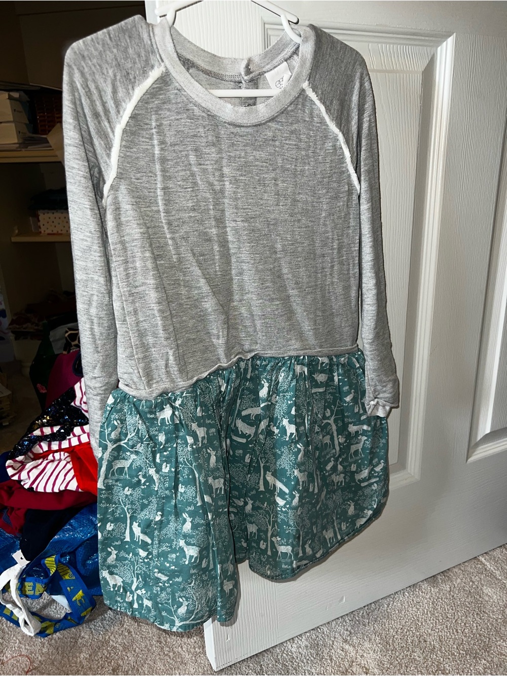 Egg by Susan LazarGirls' Gray Top with Teal Forest Animal Print Skirt Kids Dress